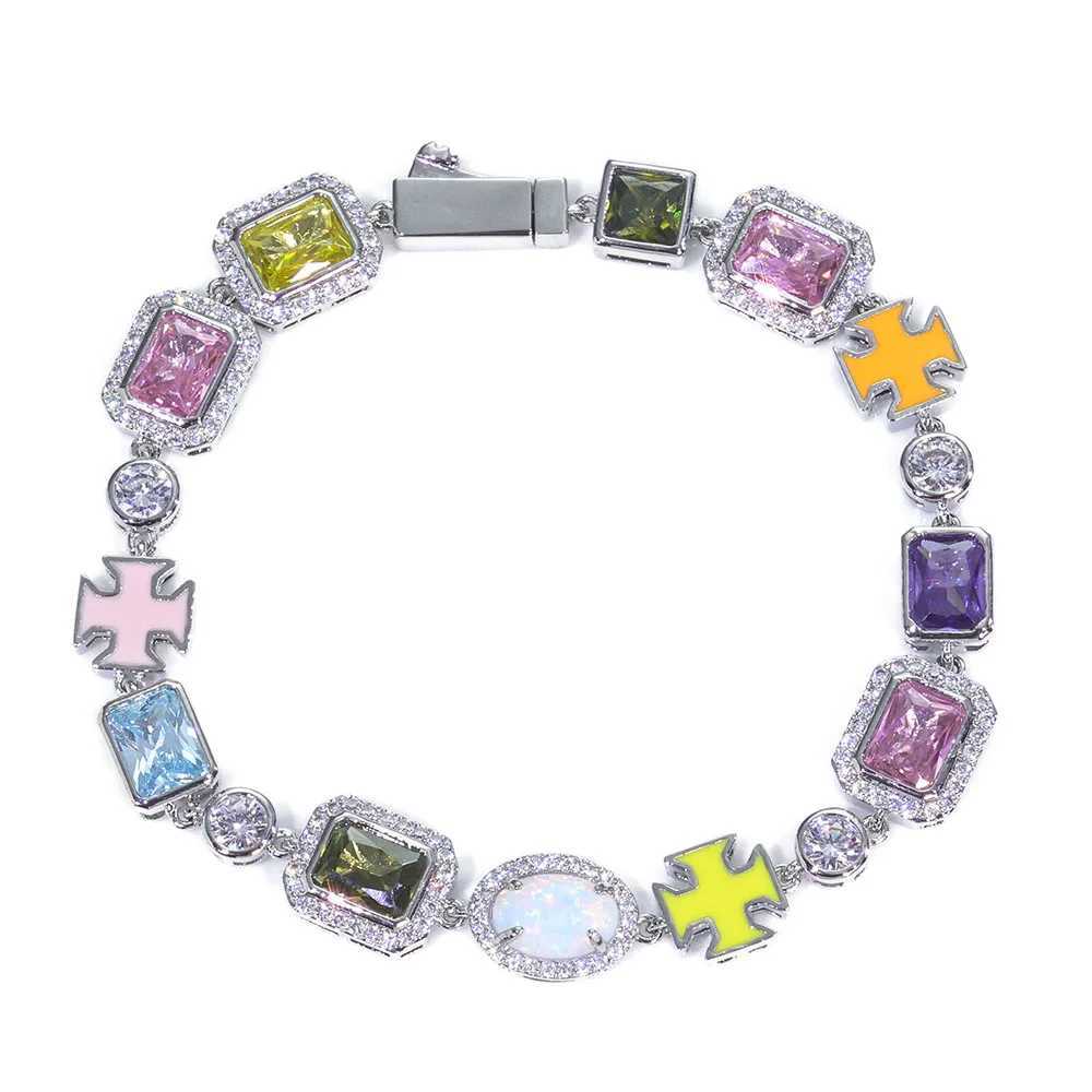Colored Gems 10mm Tennis Chain Bracelet Mixed With Cross Brass Zircon Geometric Pattern Hip-Hop Style Bracelet For Men And Women W250526