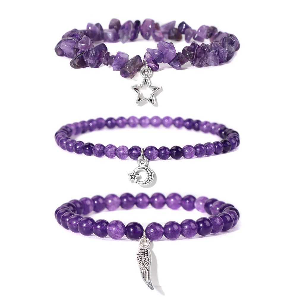 3Pcs/set Natural Stone Amethysts Bracelet Healing Quartz Beads Star Moon Feather Pendant Bracelets for Women Men Energy Jewelry W250526