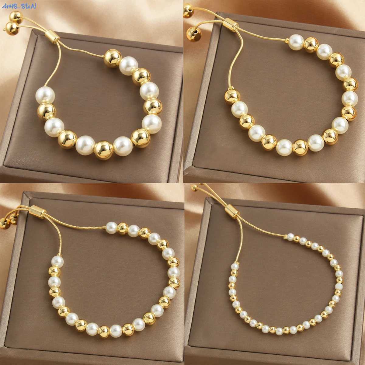 SUNSLL 10/8/6/4MM Pearl Beads Bracelets Minimalist Gold Plated Unisex Classic Adjustable Banquet Jewelry Gifts Women Girl W250526