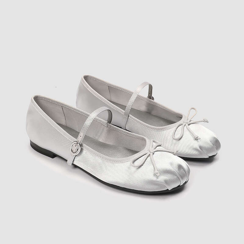 French Mary Jane for Women with Bowknot Fairy Style Slip-On Flat Ballet Genuine Leather Silver Single Shoes