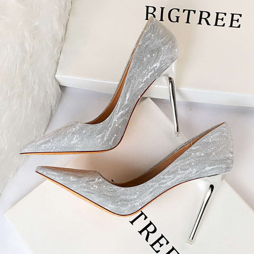 1829-1 High Women's Stiletto Heels Shallow Mouth Pointed Toe Sequins Sexy Slim Nightclub Single Wedding Shoes dh1102963094