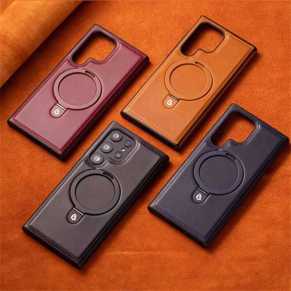 Business Retro Leather Holder Magnetic Case For Samsung Galaxy S25 S24 Ultra S23 S22 Plus A15 Wireless Charge Shockproof Cover