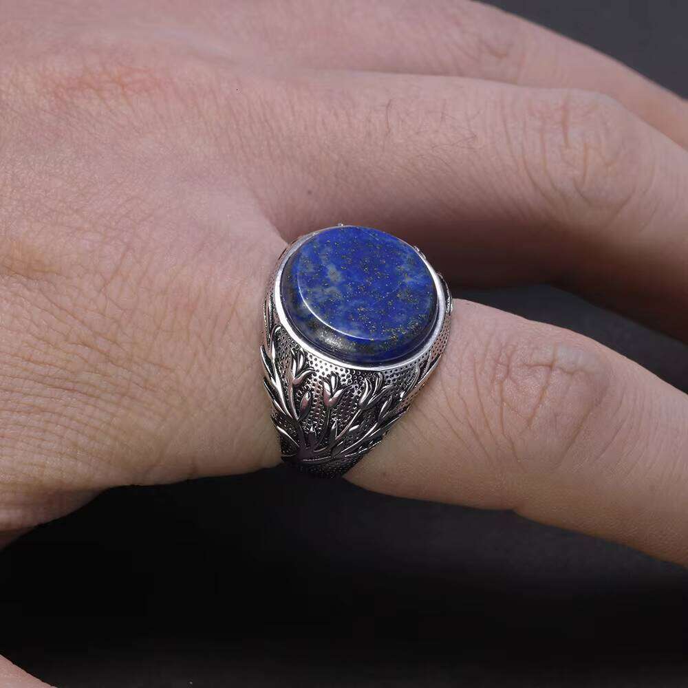 Genuine Solid Sterling Sier Men Natural Lapis Lazuli Tree Branches Engraved Turkish Finger Rings Man Ring