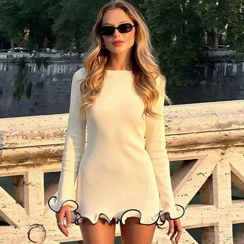 Women Dresses Elegant Round Neck Pleat Long Sleeve New Casual Slim Pink Sexy Black Mini Female Chic Party Street Dress