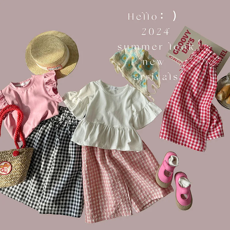 Childrens Summer Straight Pants Plaid WideLegged NineMinute Girls Fine Bud Waist Dress Casual 250527
