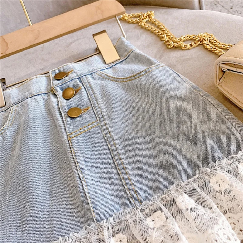312 year old girls short skirt summer loose denim half solid color sweet lace patchwork skirt 250527