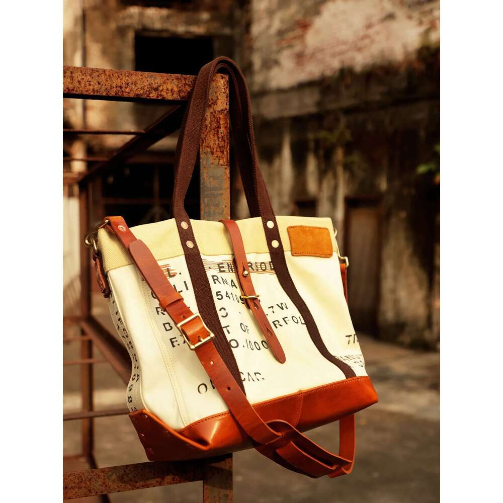 Vintage Handmade High-Quality Canvas Genuine Leather Men's Tote Weekend Shopping Shoulder Bag Large Capacity Big Handbag