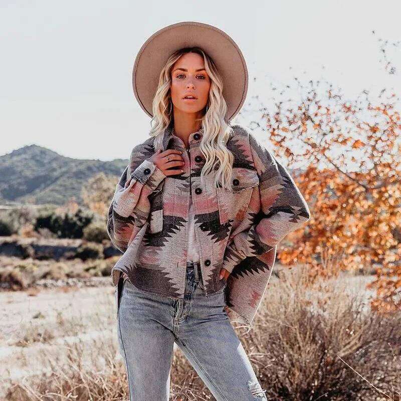 Vintage Women Splicing Loose Jacket Denim Print Aztec Retro Ethnic Style Long Sleeved Shirt Streetwear Female Goth Coat