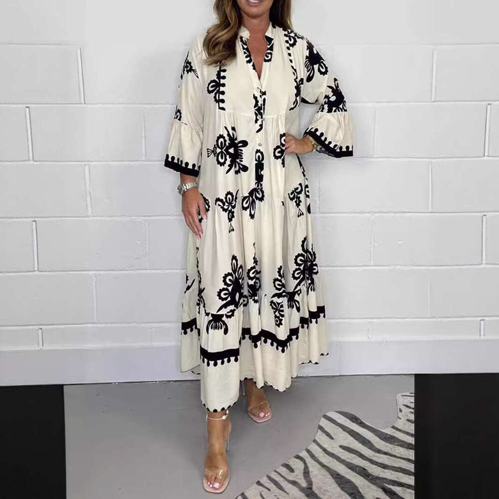 2025 Women's New Elegant Printed Stand Collar Waist-Cinching Dress