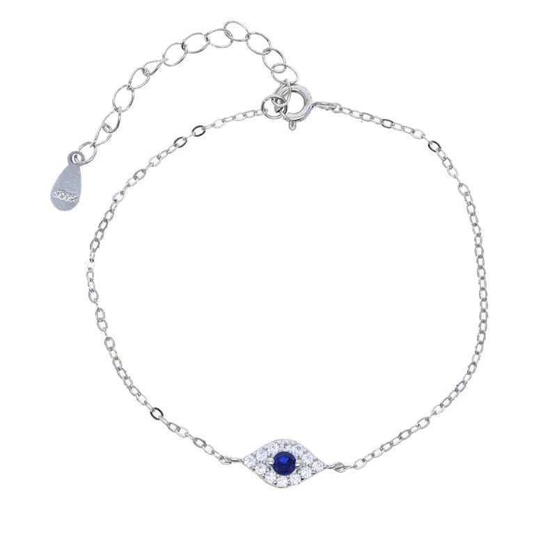100% 925 Sterling Silver Micro Pave Cubic Zirconia Sparking Blue White CZ Evil Eye Charm Chain Bracelet Lucky Turkish Jewelry W250526