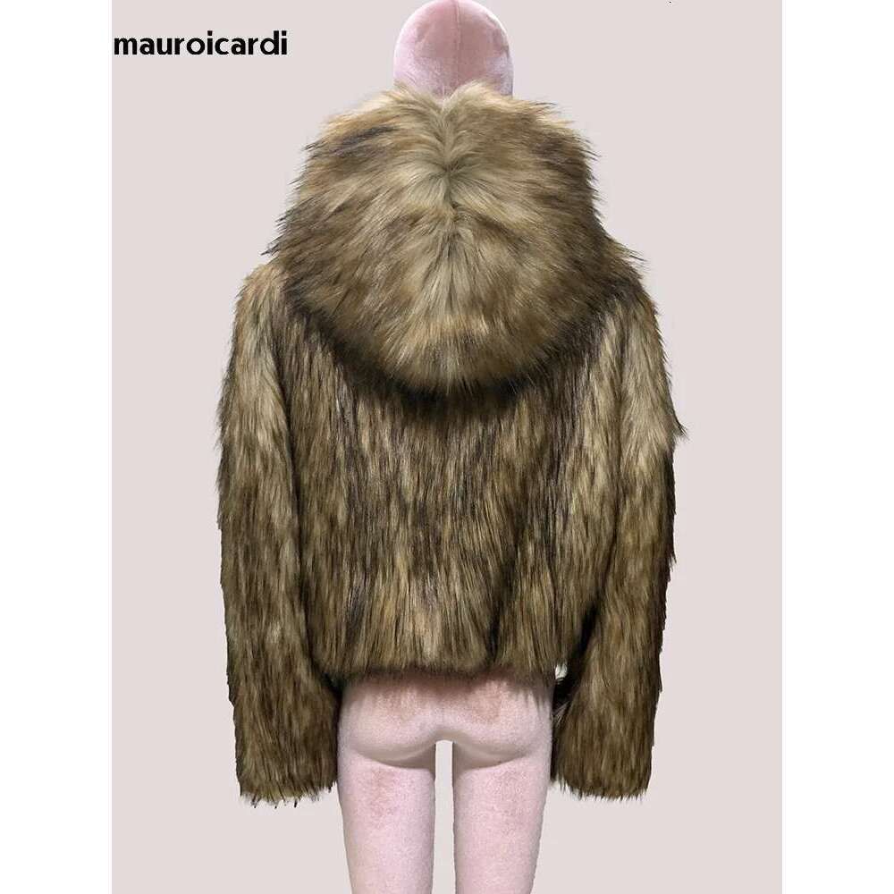 Mauroicardi Spring Winter Short Thick Warm Hairy Shaggy Faux Fox Fur Coat Women with Hood Designer Clothes Fluffy Jacket