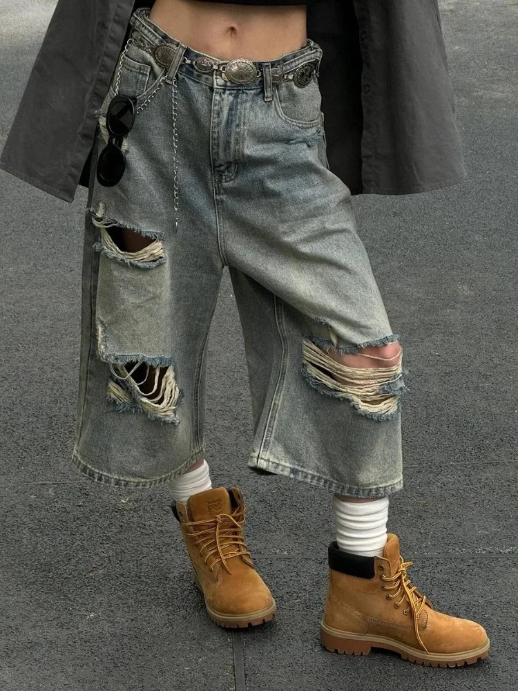 HOUZHOU Vintage Blue Ripped Short Jean Oversized Distressed Jorts Y2k Grunge Baggy Boyfriend Denim Shorts Wide Streetwear 250516Z