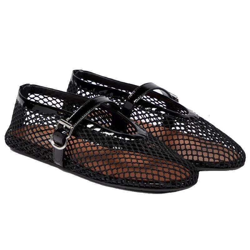 French Style Hollow Mesh Sandals for Women Summer Outdoor Round Toe Flat Ballet One-Strap Shallow Mouth Mary Jane Single Shoes