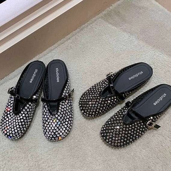 Grape Mom Same ~ Style Full Diamond Fishnet One-Strap Lazy Head Wrap Breathable Half Slippers for Summer Outdoor Wear