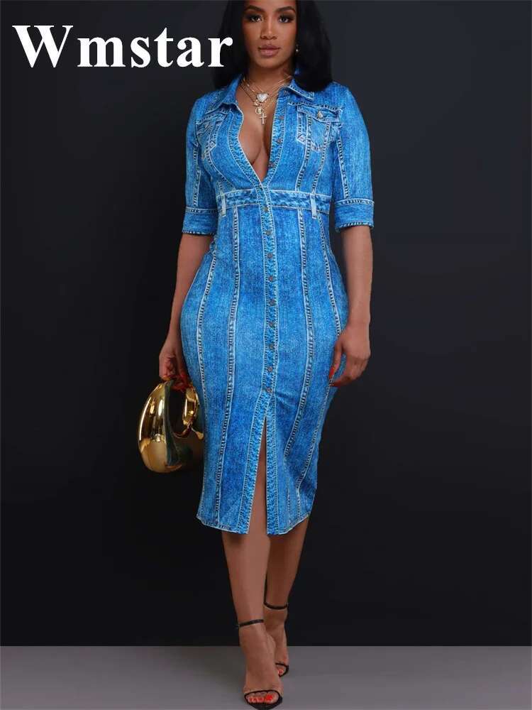 Women Denim Dress Solid Summer New Single Breasted Casual Loose Simple Retro Female Office Shirt Dresses