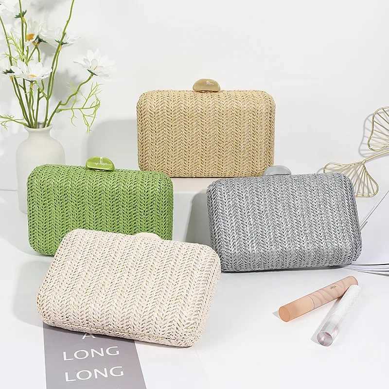 Simple Design Banquet Woven Bag Formal Dress Matching Crossbody Hand Bags Evening Bag Straw Green Beige Color Silver Clutch W250527