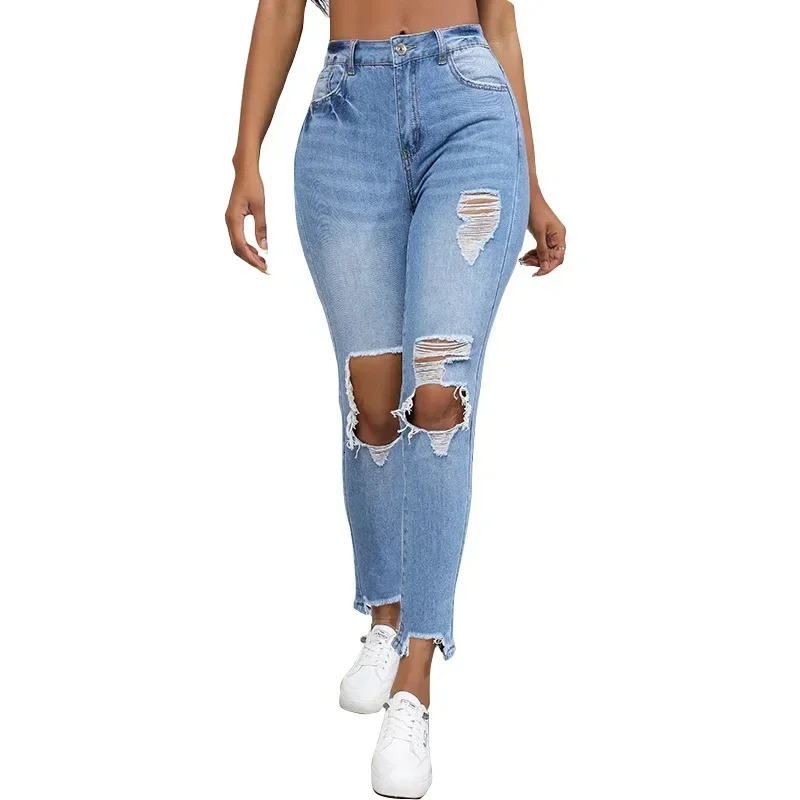 Women Jeans Holes Distressed Pencil Pants Denim Pockets Sexy High Waist Washing Zipper Fly Slim Fit Ankle Length Summer 250516Z