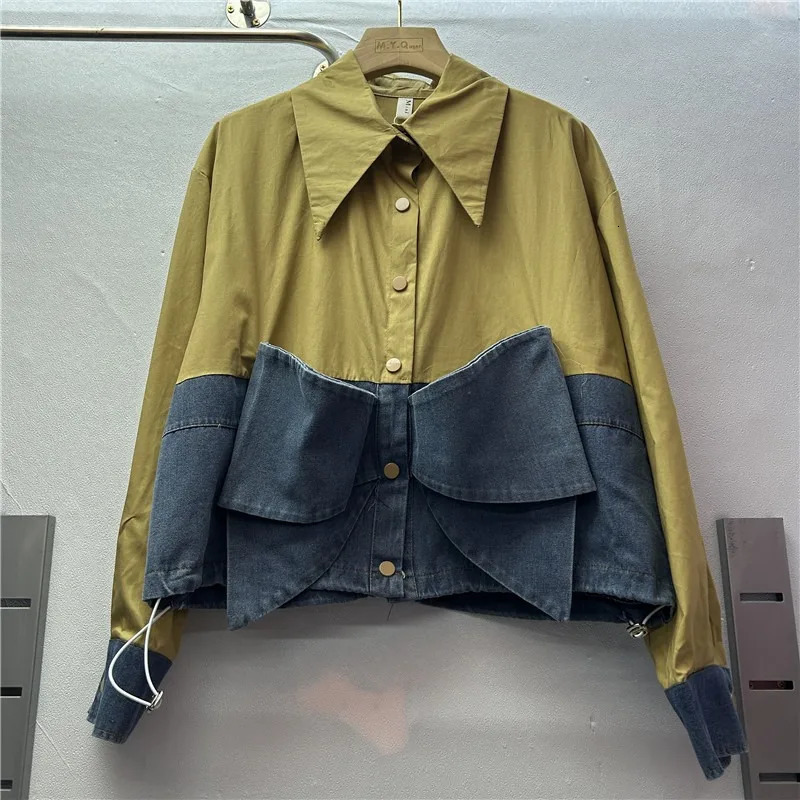 DEAT Womens Shirt Loose Patchwork Denim 3d Bow Single Breasted Drawstring Short Loose Blouse Summer 2025 Fashion 29L9126 250523