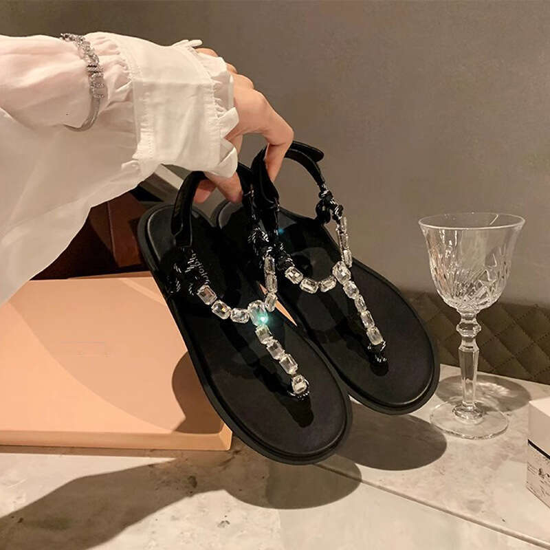 Grape Mom Sparkling Rhinestones ~ Roman Style Flat Knot Versatile Toe Clip Outdoor Flip-Flop Sandals for Women Summer Edition