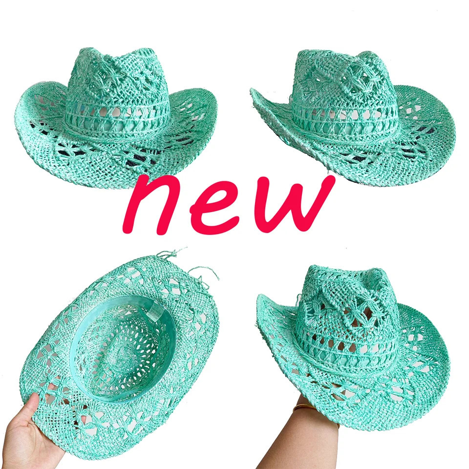 Hand-painted straw cowboy hat color mint green hollow malan flower men and women summer sun hat western cowboy hat sombrero 250526