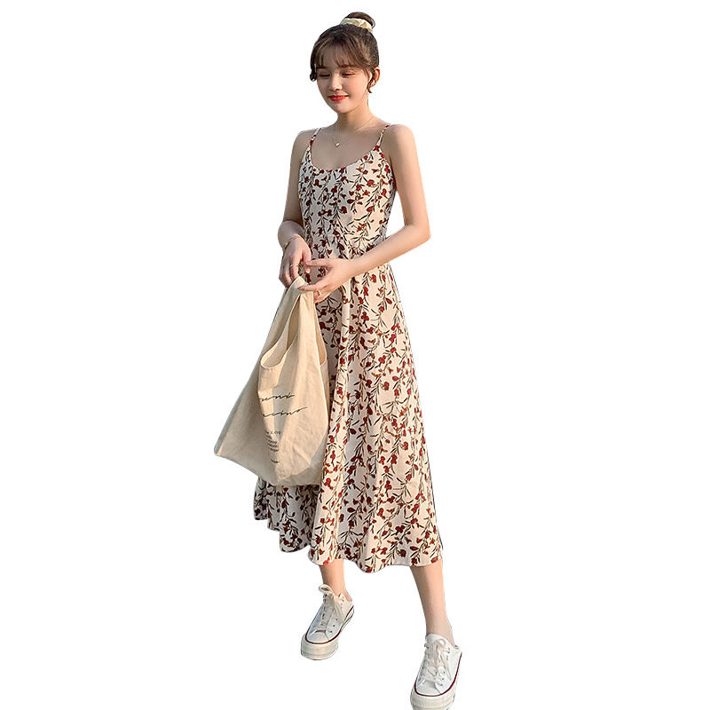 Floral camisole dress for women, cinched waist for slimming in summer, fresh and fresh new style long skirt for women