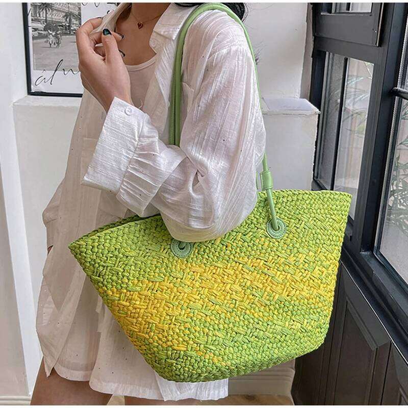Women's Bags Designer Beach Casual Women Shoulder Designer Gradient Color Handbag Woven Large Tote Bag Handmade Summer Straw Purse