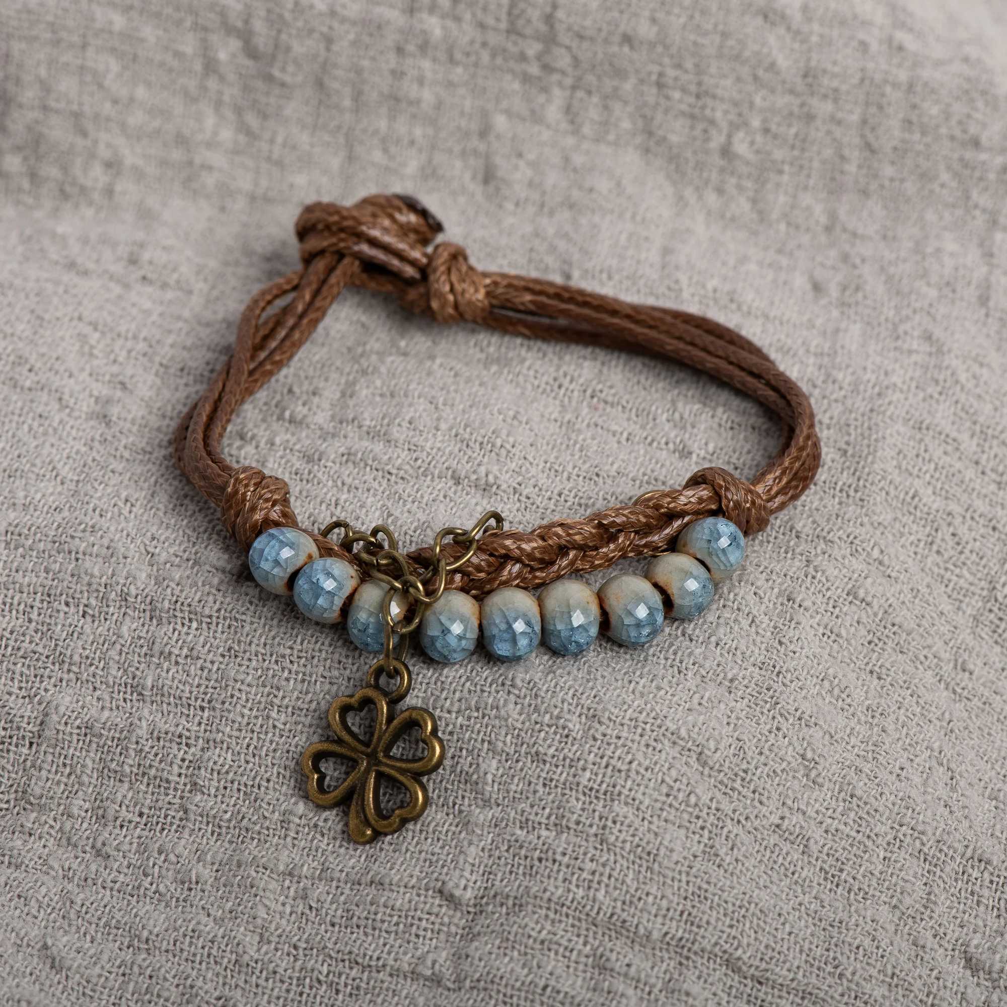 Lucky Four Leaf Clover Ceramic Bracelet Handmade Wax Cord With Crackle Beads Blue And Green Options Vintage For Women Gift W250526