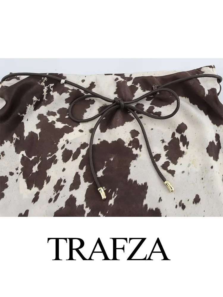 TRAFZA Spring Women Fashion Skirts Suit Brown Printed Casual ShirtHigh Waist Drawstring Belt Satin Midi Skirt Matching Set 250526