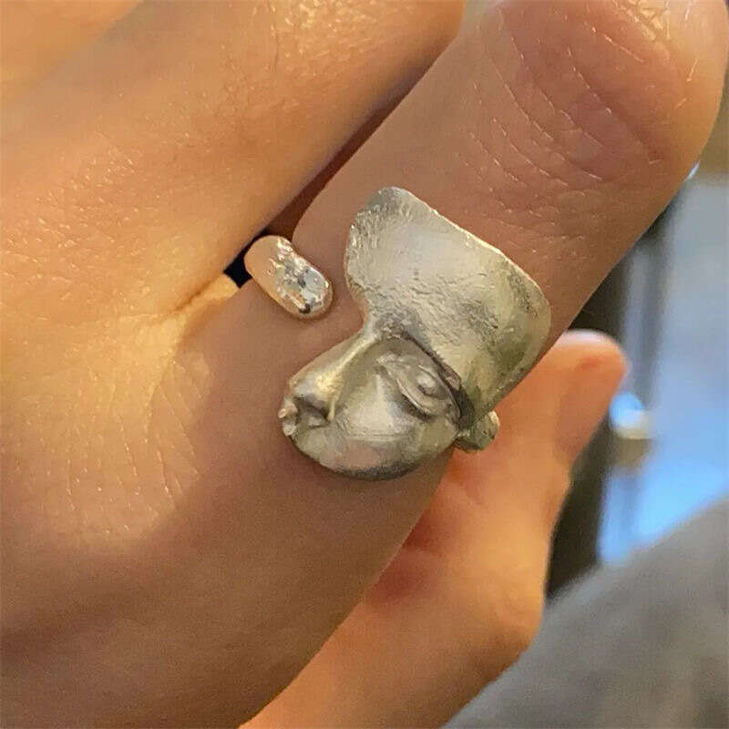 Burnt White Texture Silver Handmade Open Versatile Personality Mask Ring Matte Niche High-end Jewelry