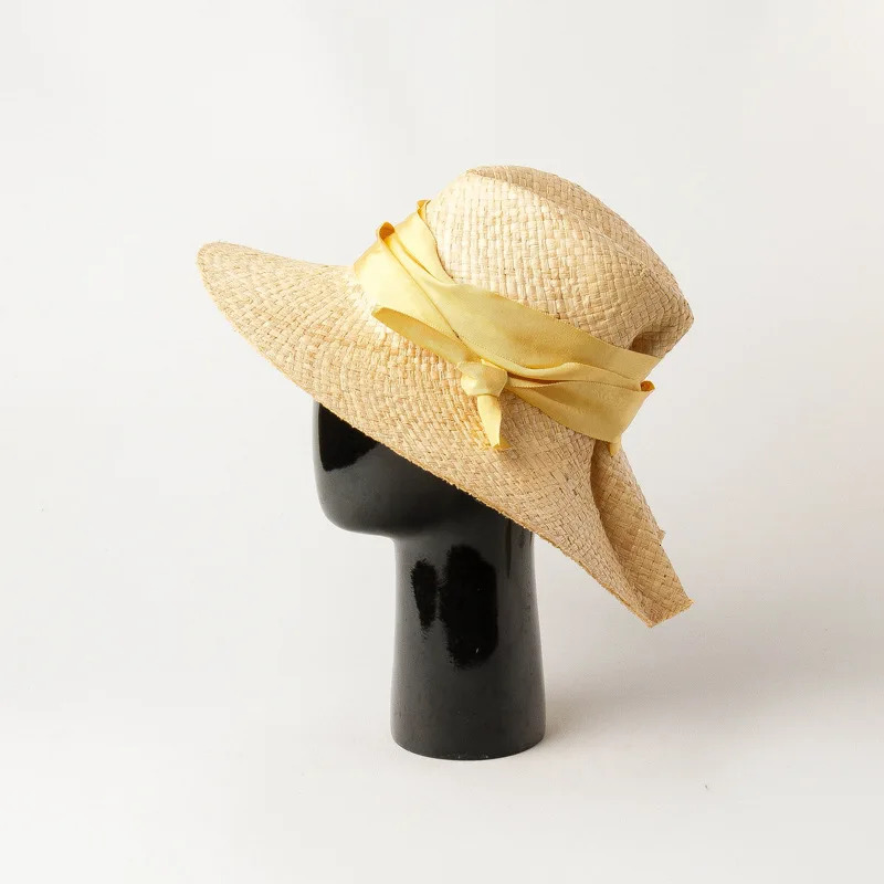 USPOP Spring Summer Wide Ribbon Bow Sun Hats Double-layer Hand-woven Raffia Jazz Hat Outdoor Sunshade Raffia Beach Straw Hat 250526