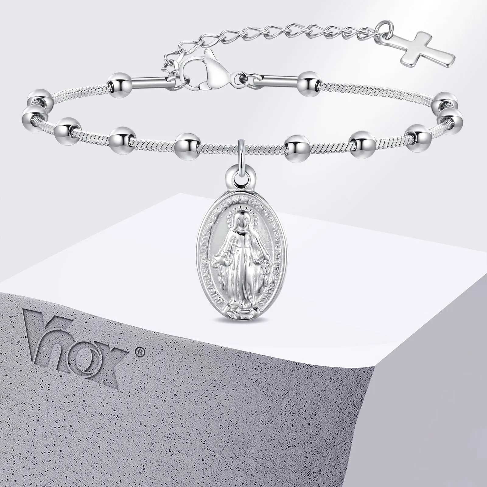 Vnox Rosary Bracelet for Women Girls Gold Plated Stainless Steel Religious Cross and Virgin Mary Prayer Bracelets Gifts W250526