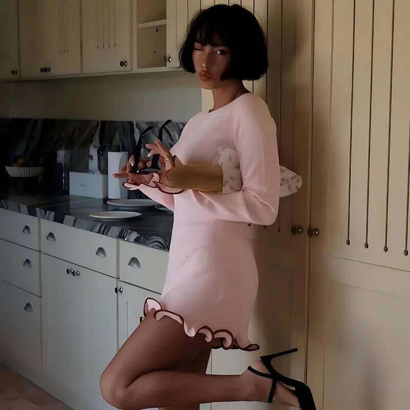 Women Dresses Elegant Round Neck Pleat Long Sleeve New Casual Slim Pink Sexy Black Mini Female Chic Party Street Dress