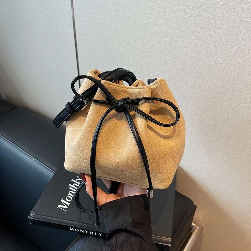 Women Faux Suede Bucket Fashion Tote Large Capacity Trendy Satchel Solid Color Drawstring Shoulder Chic Hobo Bag