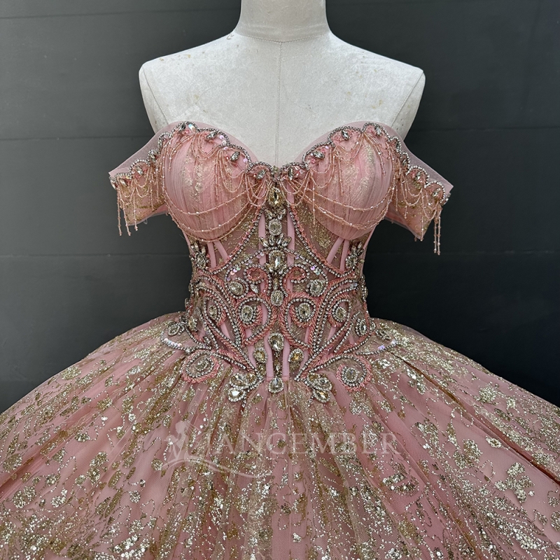 Pink Quinceanera Dresses Ball Gown Off The Shoulder Gold Applique Lace Beading Tull Party Birthday Sweet 16 Dress Vestidos 15 Anos