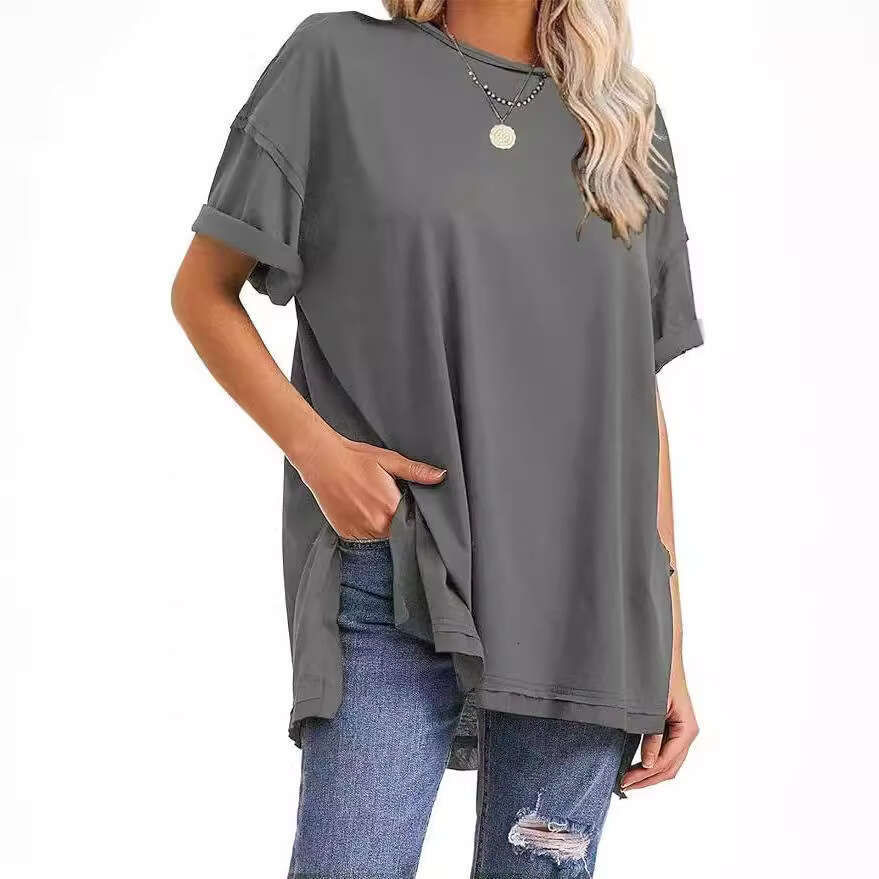 2025 Summer Women's Solid Color Cotton Round Neck Side Slit Loose T-Shirt