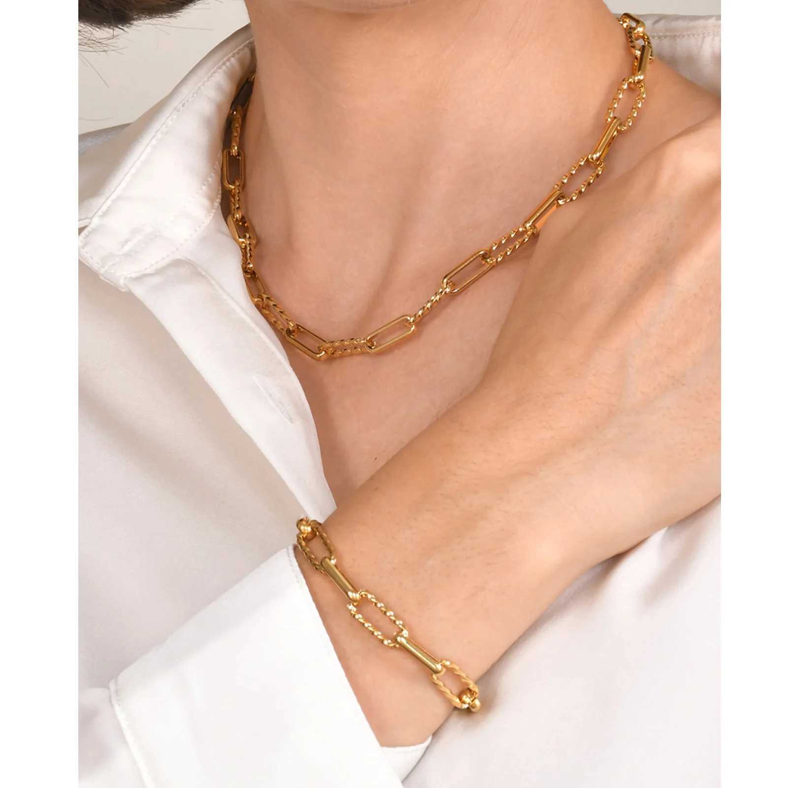 Women Stainless Steel Chain Bracelet 18K Gold Plated Twist Paperclip Adjustable Link Bracelet Chunky Stackable Layered Jewelry W250526