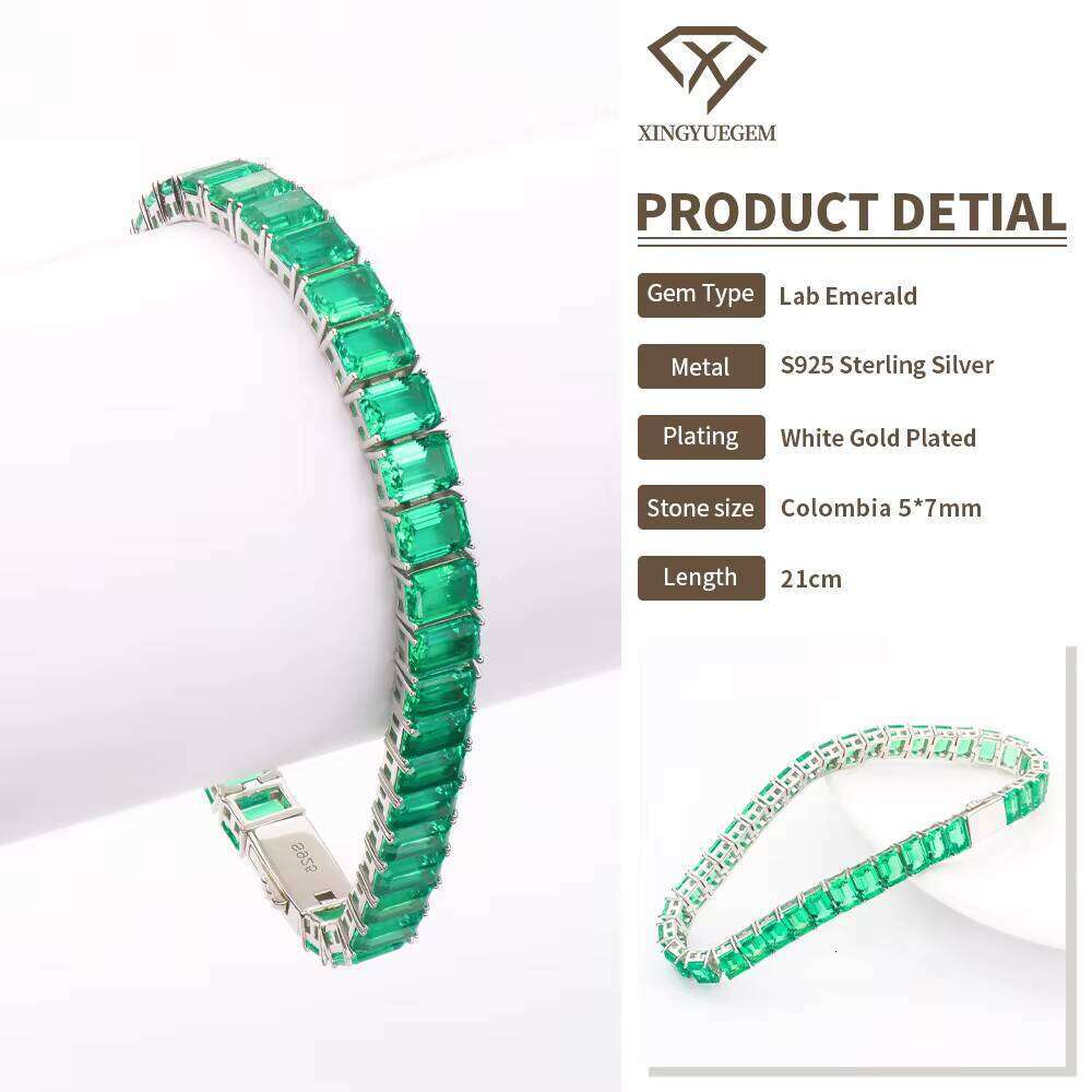 High-Quality Sterling Sier Jewelry Lab-Grown Colombian Emerald Green Tennis Chain Bracelet
