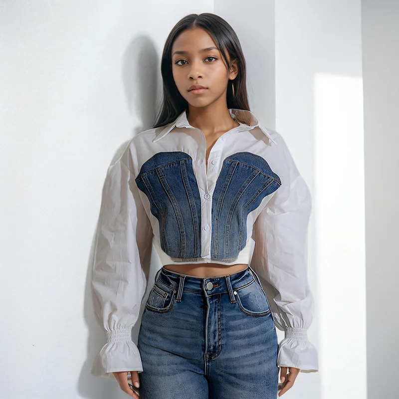 DEAT Trendy Womens Denim Patchwork Flare Sleeve Shirts Contrast Color Short Blouse Female Trend 2025 Spring Items 33A2187 250523