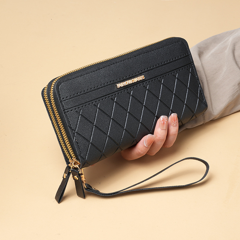 Free Shipping Designer Wallet High-quality Double-layer Zipper Long Leather Bag Women's Mesh Phone Bag Hand-held Bag Casual Multifunctional Box C