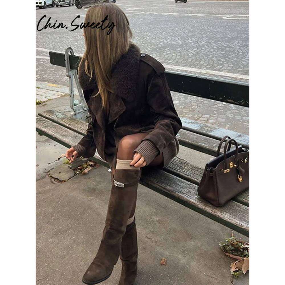 Faux Fur Patchwork Women Coat Slim Full Sleeve Lace Up Female Short Jacket 2024 Autumn Vintage Lapel Lady Overcoat