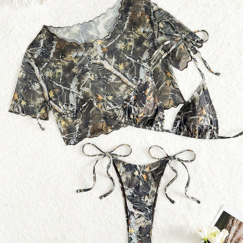 2025 Women's Summer T-Shirt Camouflage Branch Print Sexy Round Neck Short Sleeve Top Bikini