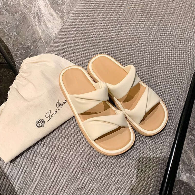 Su Yinyin Same Style Soft Bubble ~ Stepping on Feces Feeling Twist Knot One-Word Casual Thick-Soled Slippers for Women Summer Outdoor Wear