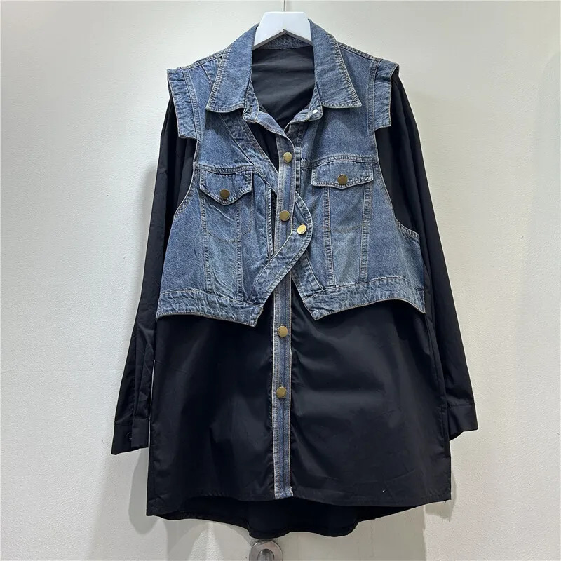 DEAT 2025 Spring Fashion Fake Two Piece Denim Patchwork Single Breasted Blouse For Women Lapel Trendy Shirts Female 29L9481 250523