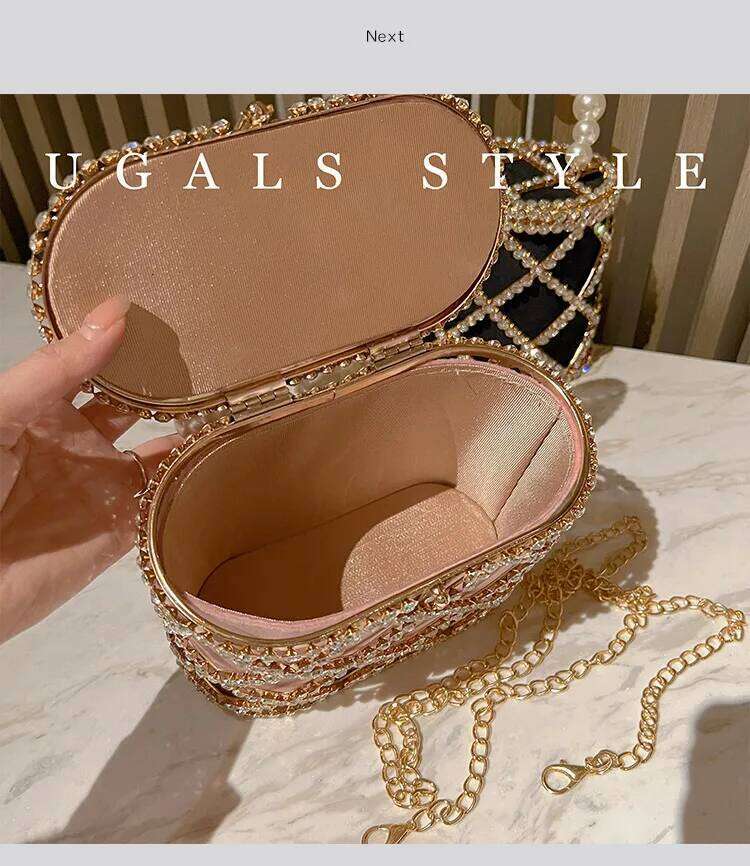 Rhinestones Dia Evening Hollow Pearl Beaded Metallic Cage Women Handbag Wedding Party Clutch Purse Shoulder Bag