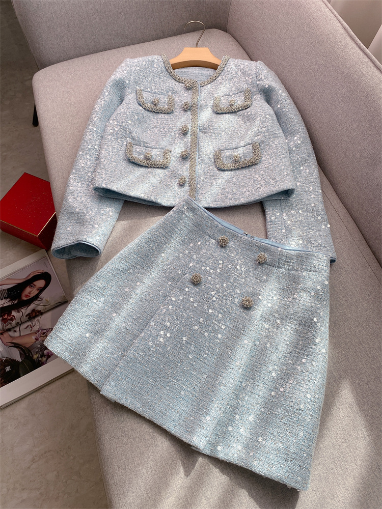 2025 Spring Sky Blue Two Piece Dress Sets Long Sleeve Round Neck Tweed Single-Breasted Coat + Buttons Skirt Set Two Piece Suits M5A028639 Check Size C
