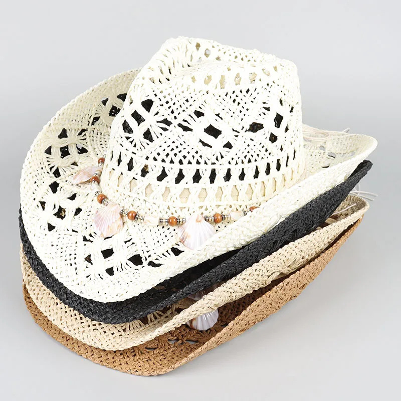 Western Cowboy Hats for Women Men Classic Vintage Hollow Out Unisex Curled Wide Brim Sun Hat Fishing Hat Climbing Straw Cap 250526