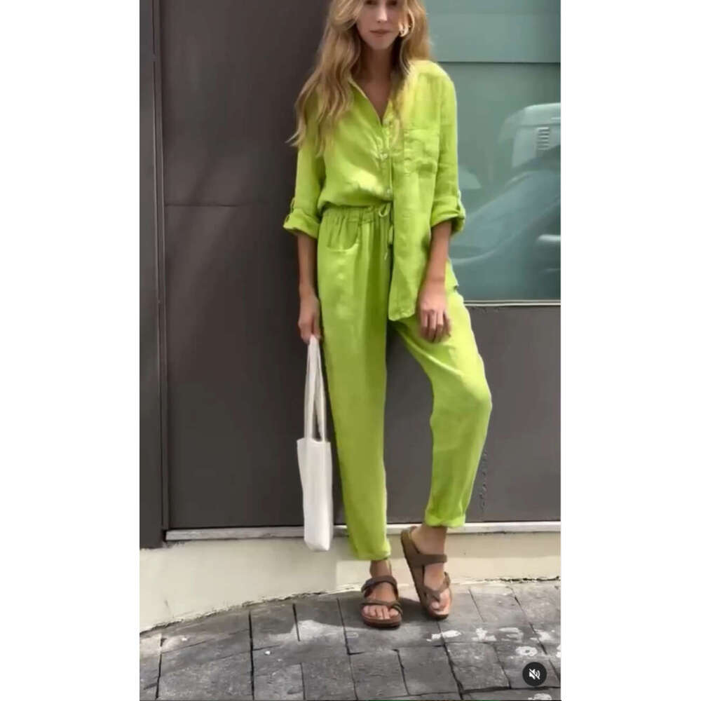 2025 Summer New Women's 2-Piece Set Plus Size Cotton Linen Shirt Suit High Waist Loose Long Pants