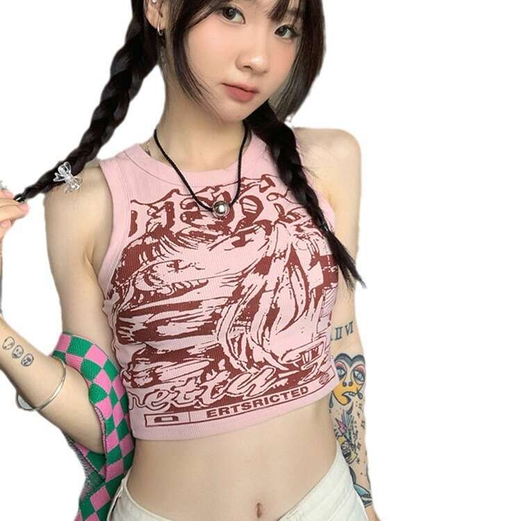 American Style Racerback Tank for Women Summer Sweet and Spicy Pink Sleeveless Short Sports Top