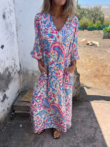 2025 Spring Summer Women Elegant V Neck loose Graffiti Casual Holiday Style Midi Dress
