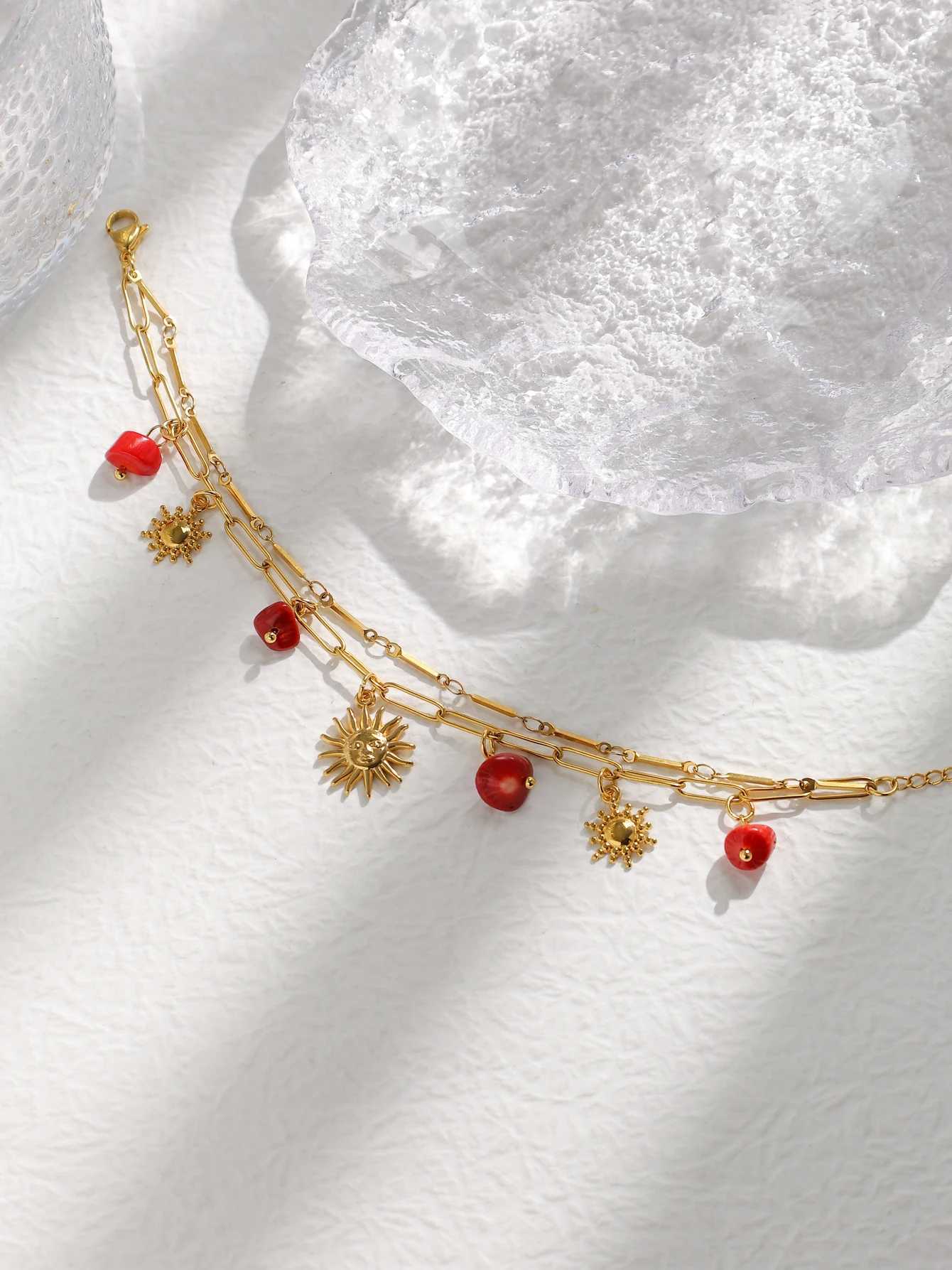 Stainless Steel Red Natural Stone Sun Pendant Double Bracelet Simple Irregular Chain Gold Women Jewelry Birthday Gift W250526